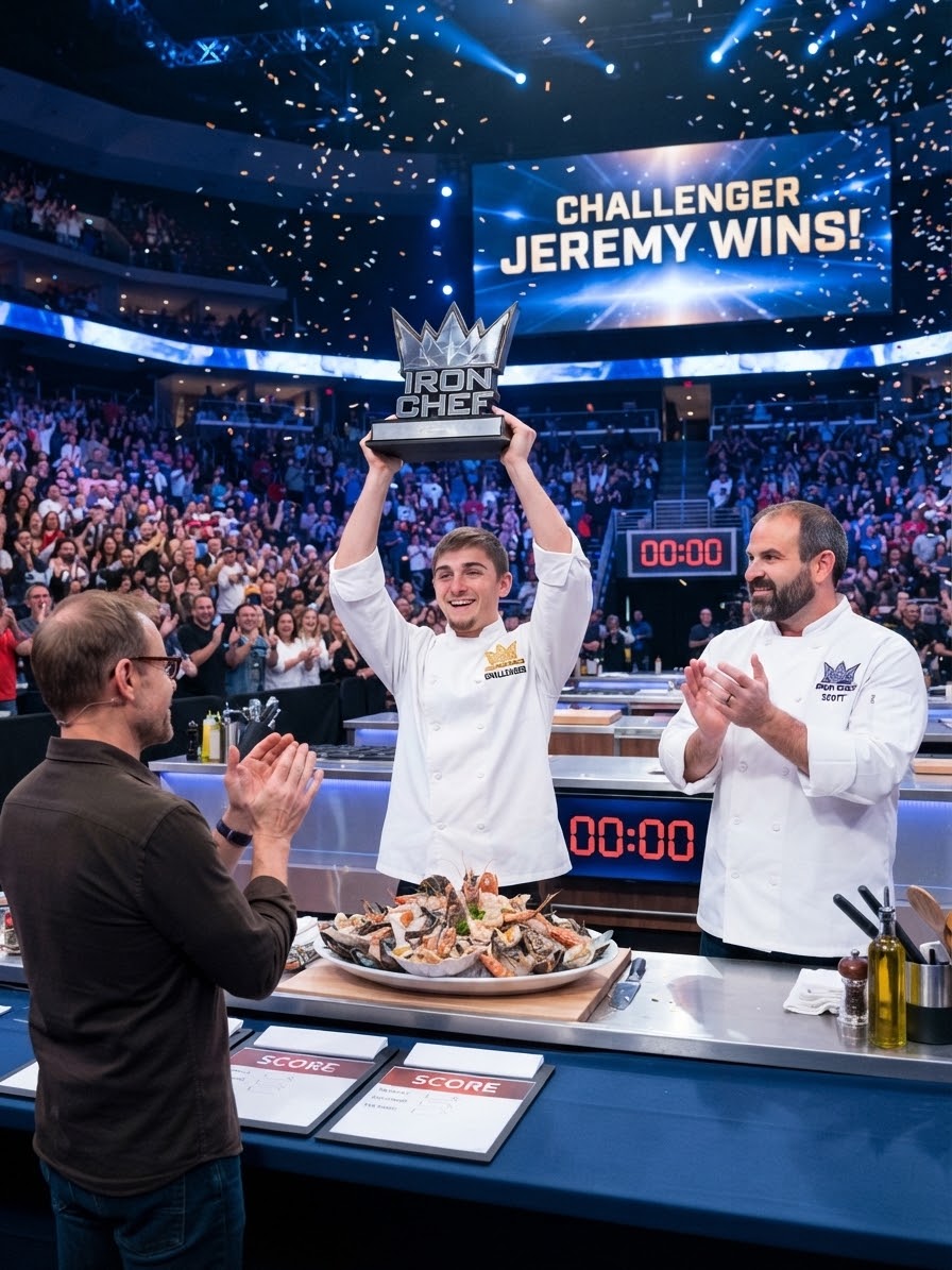 Jeremy Garber hoisting a cook-off trophy over his head as the scoreboard reads Challenger Jeremy Wins and his brother Scott applauds beside him