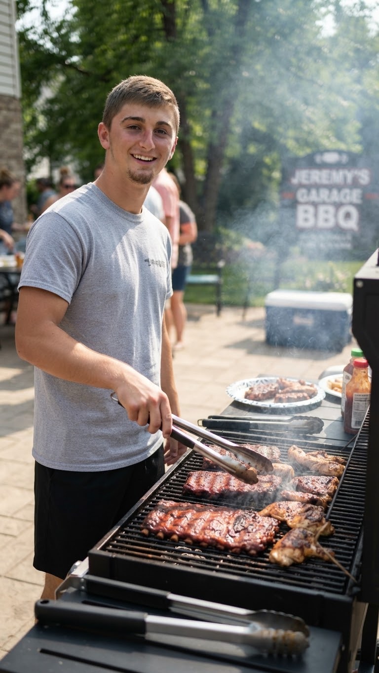 A young Jeremy Garber working a backyard grill full of ribs and chicken under a hand-painted sign reading Jeremy's Garage BBQ