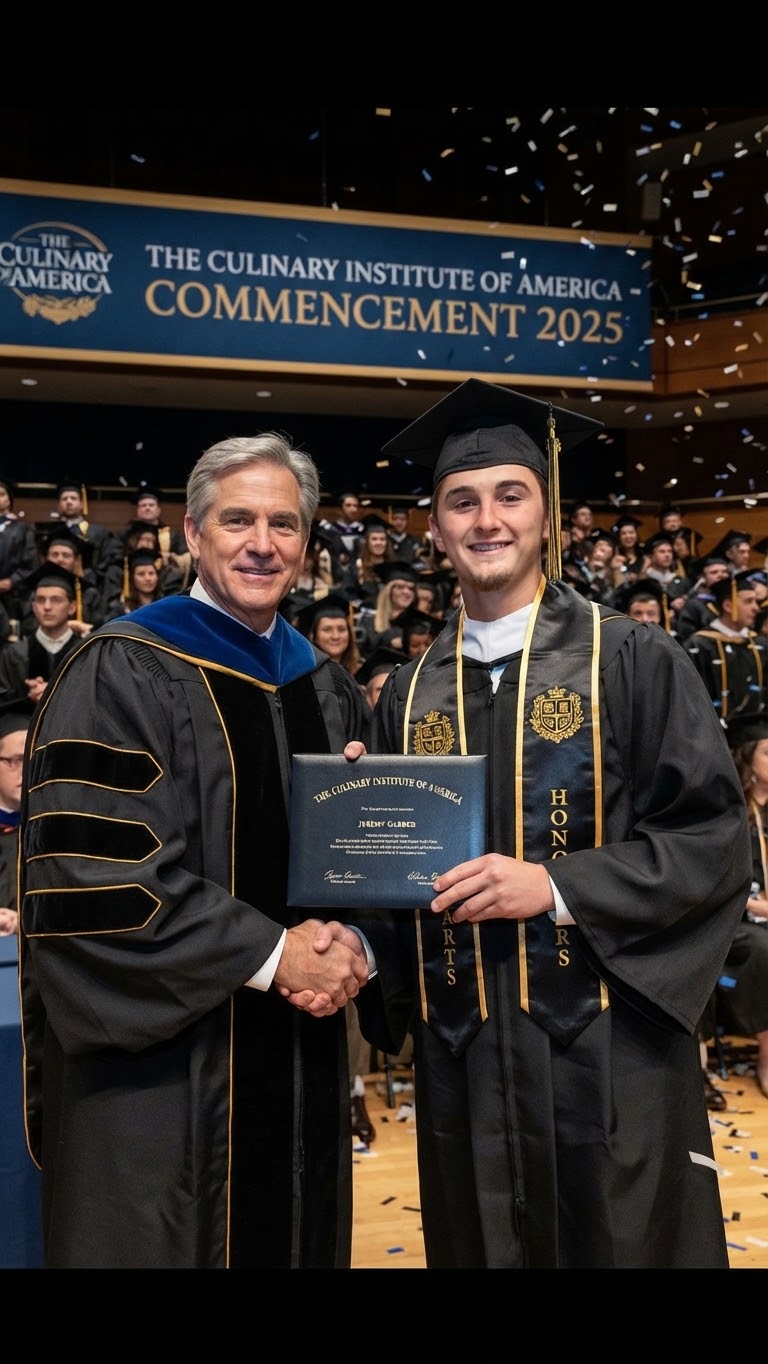 Jeremy Garber in cap, gown and honors sash shaking hands and receiving his culinary school diploma at the 2025 commencement